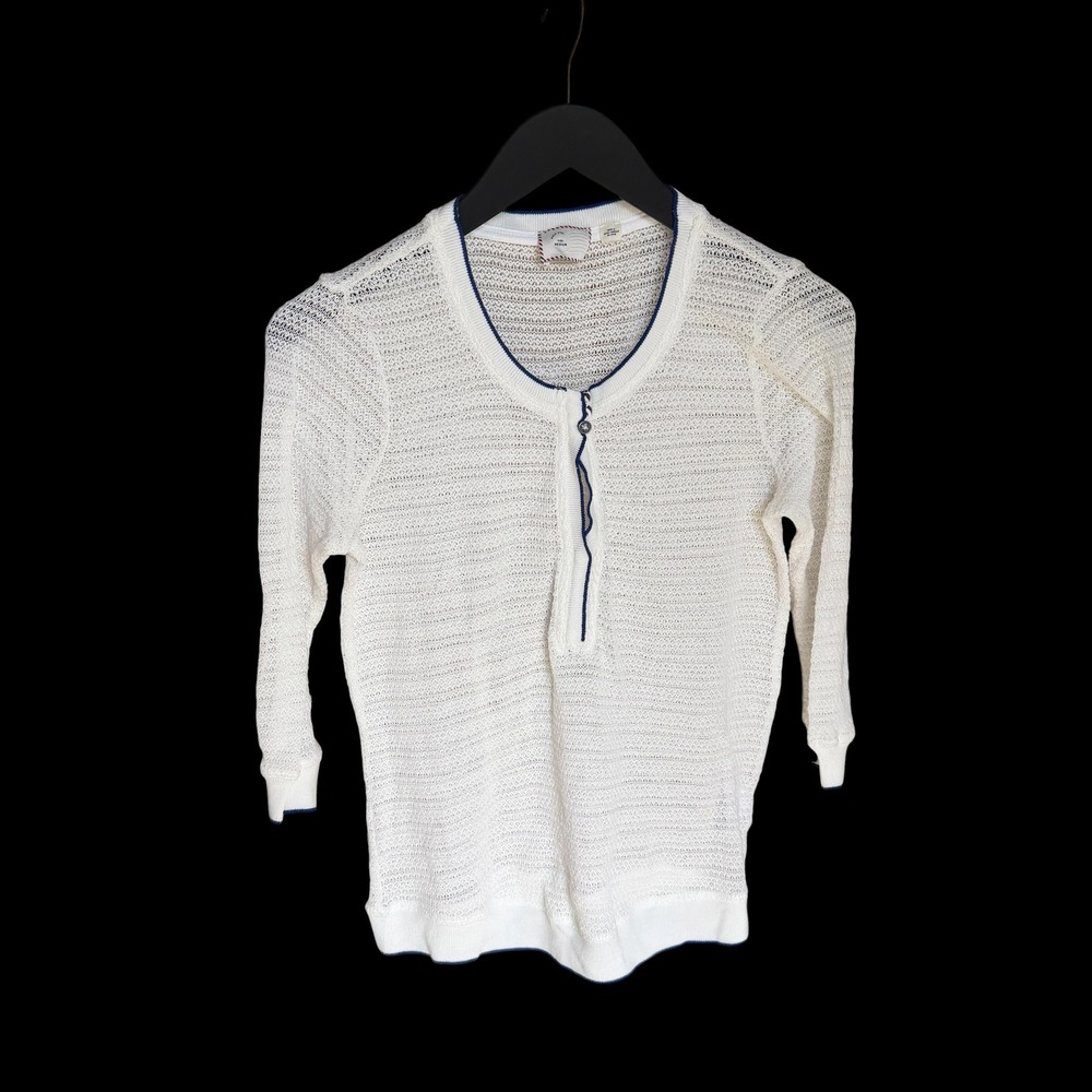 Anthropologie Postmark White Navy Trim Open Knit Henley Sweater Top Medium